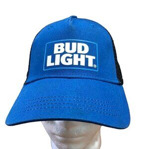 Bud Light Budweiser Adjustable Trucker Hat Cap Blue Mesh Back H3 Headwear EUC